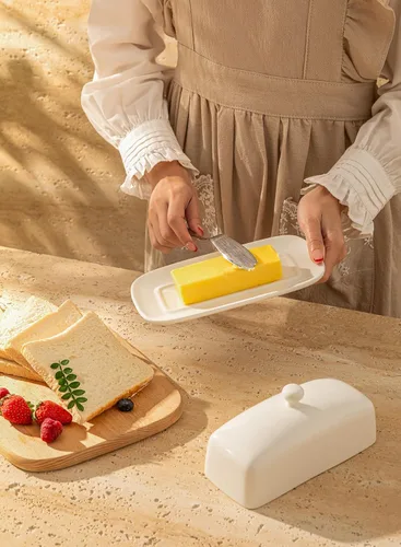 Miniatura 6 de Sweese - Mantequillera con tapa, mantequera de porcelana, soporte de mantequilla de 7.8 pulgadas con cubierta de asa, recipiente de mantequilla