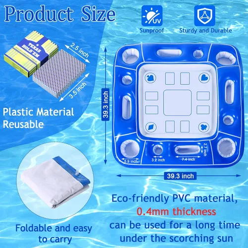 Miniatura 2 de Mesa de juego inflable para piscina con cartas impermeables (35.5 x 35.5 pulgadas, azul/blanco)