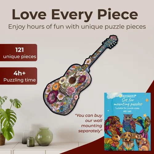 Miniatura 2 de Crafthub Rompecabezas de madera de instrumentos musicales para adultos, guitarra única A3 con 121 piezas de madera, rompecabezas con formas