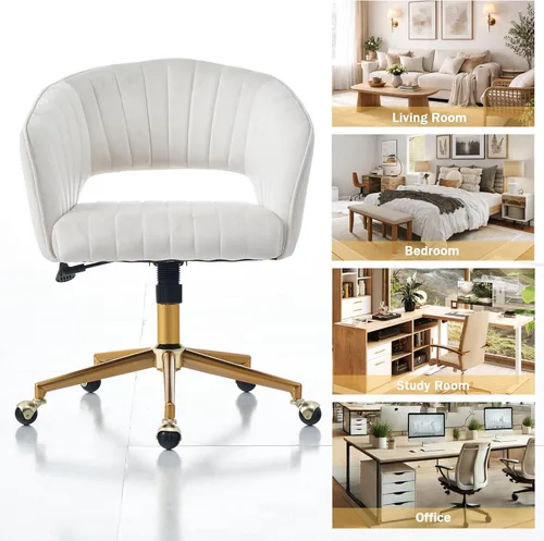 Miniatura 6 de Silla de tocador con ruedas, silla de tocador de terciopelo cruzada con respaldo, silla de escritorio moderna para oficina en casa, silla giratoria
