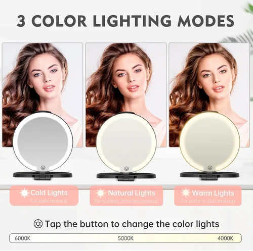 Miniatura 3 de FUNTOUCH Espejo de viaje con luz, espejo de maquillaje recargable 1X/10X con aumento, 7 pulgadas, doble cara, 3 modos de iluminación