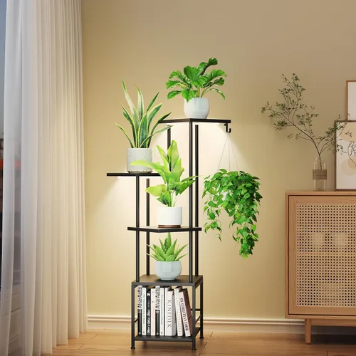 Homsorout Soporte para plantas de interior con luz de crecimiento, soporte alto para plantas de 5 niveles para interiores, estante de metal para