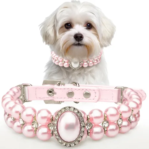 Collares de perlas grandes para perros pequeños y gatos con decoración de diamantes de imitación de cristal, collar ajustable de piel sintética para