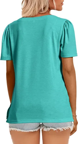 Miniatura 45 de JomeDesign - Camisetas casuales de verano para mujer, manga corta, cuello redondo, manga abullonada
