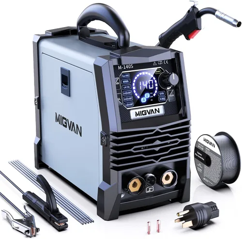 Soldador MIG sin gas de 140A, Máquina de soldadura de voltaje dual 110V/220V, MIG con núcleo de fundente/Lift TIG/Stick ARC 3 en 1 Soldadores MIGVAN
