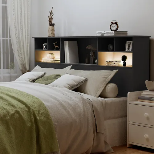 Cabecero Queen/Full Solo para Dormitorio, Elegante Cabecero con Estantería con Estación de Carga y 2 Luces LED, Cabeceros de Madera Procesada Tamaño