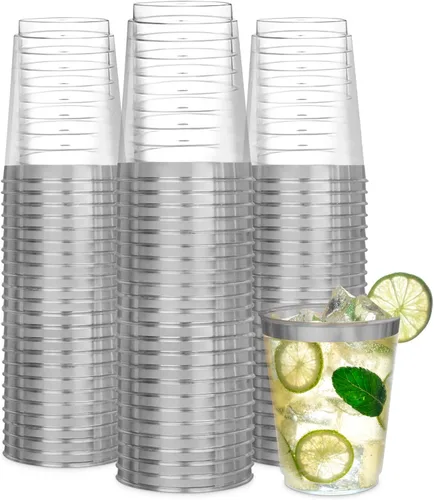 R-kay Vasos de plástico plateados para fiestas, paquete de 100, vasos plateados transparentes de 10 onzas, vasos desechables duros, vasos plateados