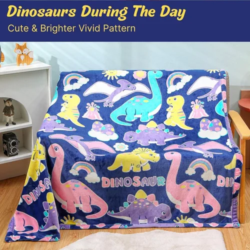 Miniatura 3 de Bood Manta que brilla en la oscuridad para niños, manta de dinosaurio para niñas y niños, única para niños, mantas para niños y dinosaurios, manta