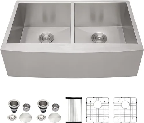 Kichae 33 Farm Sink Double Bowl - Delantal de fregadero de granja de 33 pulgadas, delantal frontal de doble tazón, acero inoxidable 50/50, calibre