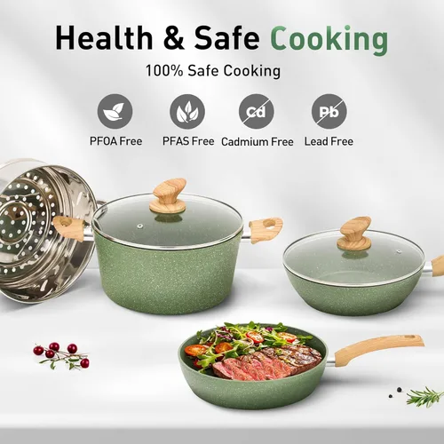 Miniatura 6 de Kitchen Academy Juego de 17 piezas de ollas y sartenes de color verde salvia antiadherentes, juego de utensilios de cocina de inducción, juego