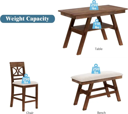 Miniatura 5 de SOFTSEA Juego de mesa de comedor de estilo rústico de 6 piezas para 6, mesa de cocina de madera con banco y 4 sillas tapizadas, juego de mesa