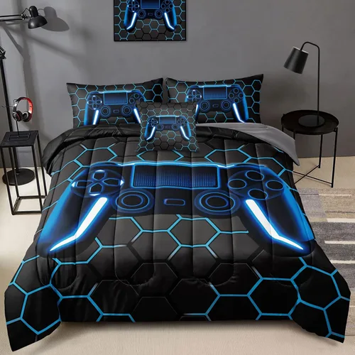 BDUCOK Juego de 6 piezas de edredón para gamers en una bolsa para niños adolescentes, juego de ropa de cama de nido de abeja para videojuegos, juego