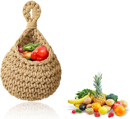 Miniatura 7 de Cesta colgante de frutas para cocina, cesta de frutas para colgar en la pared, cesta de frutas y verduras tejida a mano, cesta colgante de yute