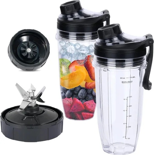 Miniatura 10 de Cuchilla macho de repuesto de 7 aletas y vaso de licuadora de 24 onzas con tapa compatible con Nutri Ninja Blender