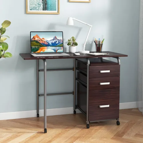 Miniatura 2 de Giantex Escritorio plegable para espacio pequeño, escritorio de oficina en casa rodante con 3 cajones y ruedas universales con cerradura, escritorio