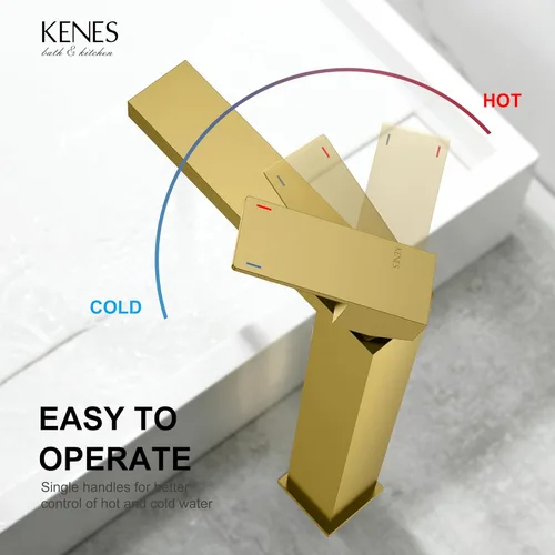 Miniatura 4 de KENES Grifo de Baño Alto de Oro Cepillado, Grifo de Lavabo de Una Sola Manija para Lavabo de Recipiente, Grifo de Baño de Tocador Dorado con Líneas