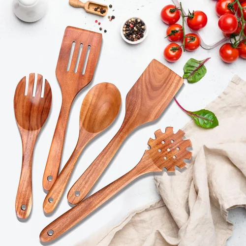 Miniatura 5 de Juego de 5 cucharas de madera para cocinar, espátulas de madera de teca, espátulas ranuradas para utensilios de cocina antiadherentes, cuchara