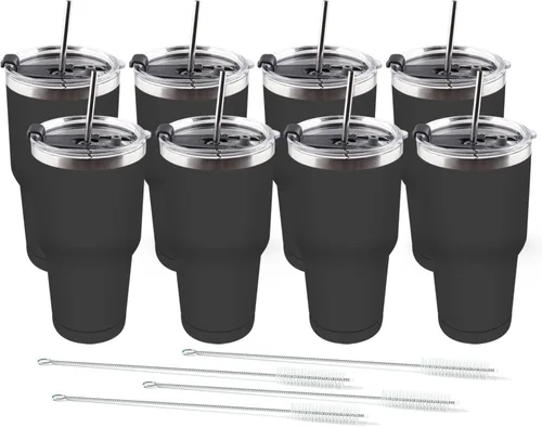 Amtidy Paquete de 8 tazas de viaje de 30 onzas, vaso de acero inoxidable recubierto de polvo de doble pared a granel, taza de café aislada duradera