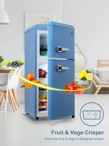 Miniatura 5 de KRIB BLING Mini refrigerador compacto, refrigerador pequeño, termostato ajustable de 7 niveles, estantes extraíbles con acero inoxidable, 2 puertas