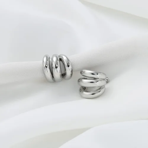 Miniatura 3 de ABILITH Aretes triples de plata y oro para mujer, aretes de aro de dos tonos de oro grueso de 18 quilates