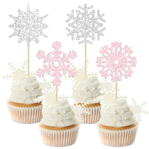 Miniatura 22 de Gyufise Paquete de 24 adornos de copos de nieve Oh Baby para cupcakes con purpurina azul Frozen Oh Baby Pick Decoraciones para baby shower