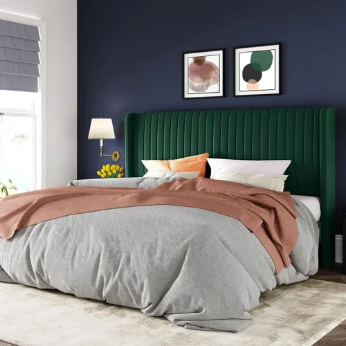Miniatura 20 de Allewie - Base de cama tamaño King con cabecera acolchada en terciopelo y diseño acanalado vertical; plataforma de cama tapizada; listones de madera