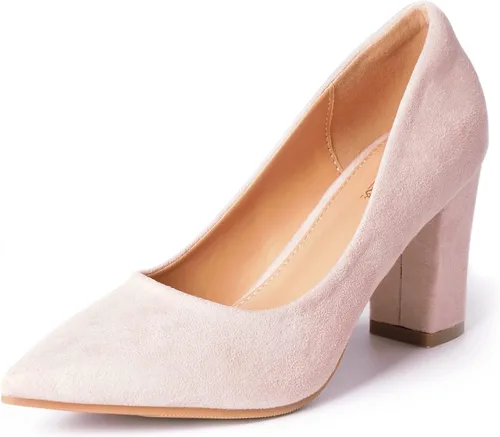 Heel The World IN3 - Zapatos de tacón alto de gamuza grueso HI para mujer, puntera cerrada, zapatos de oficina para mujer