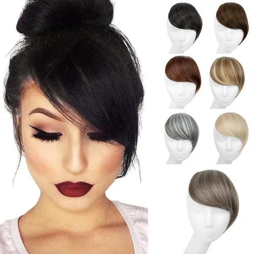 Miniatura 14 de SARLA Flequillo lateral negro marrón con clip en piezas de cabello sintético, extensión de flequillo recto para mujeres
