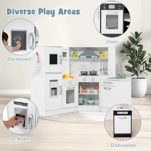 Miniatura 4 de Costzon Juego de cocina para niños, 2 piezas de juguete de cocina con luz, sonido, lavabo, microondas, pizarra, máquina de hielo, campana Blanco