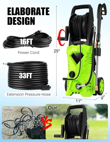 Miniatura 5 de Lavadora a presión eléctrica de 5000 PSI, lavadora eléctrica 2025 con carrete de manguera de lavado a presión mejorado de 33 pies, cañón de espuma