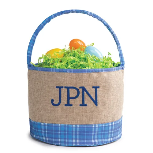 Miniatura 7 de Bolsa de cubo de Pascua personalizada con nombre personalizado Bolsa de Pascua de arpillera a cuadros azules con asa Cesta de huevos para niños