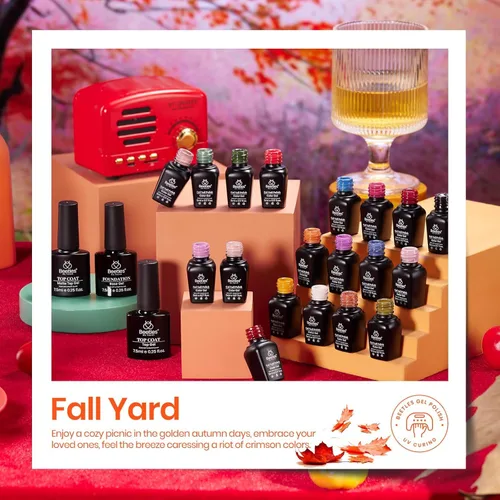 Miniatura 3 de Beetles - Set de 20 esmaltes de gel p/decoración de uñas, colección Fall Yard, purpurina naranja/marrón/rojo/azul marino, semipermanente, LED c/capa