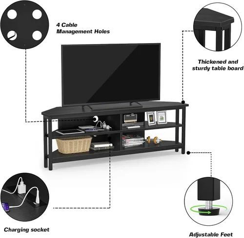 Miniatura 5 de Unikito Soporte esquinero de TV con toma de corriente, mesa de esquina para centro de entretenimiento con 4 estantes abiertos, mueble de TV