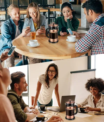 Miniatura 8 de Prensa francesa para café - Cafetera de acero inoxidable clásico de 34 onzas con sistema de filtración de 4 niveles, vidrio de borosilicato Cobre