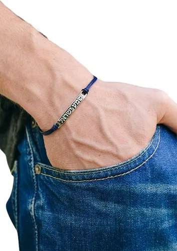 Pulsera Shema Israel para Hombres, Encanto Hebreo de Plata, Pulsera de Hombres con Cordón de Cuerda Azul, Oración Judía Hecha en Israel, Joyería