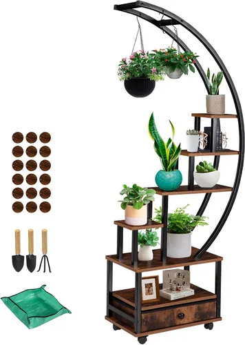 Soporte para plantas de interior de media luna de 7 niveles con ruedas con bloqueo, estante para plantas de 71 pulgadas de alto con cajón y