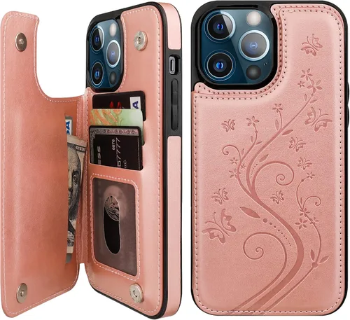 Miniatura 11 de Vaburs Funda compatible con iPhone 13 Pro Max con tarjetero y diseño de mariposa en relieve, de piel sintética, doble botón, a prueba de golpes, Azul