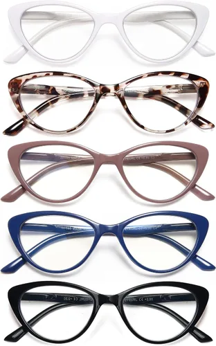 EYEURL Gafas de lectura para mujer, paquete de 5 lentes de lectura a la moda, ojo de gato, lentes de lectura con bloqueo de luz azul para hombres, 5