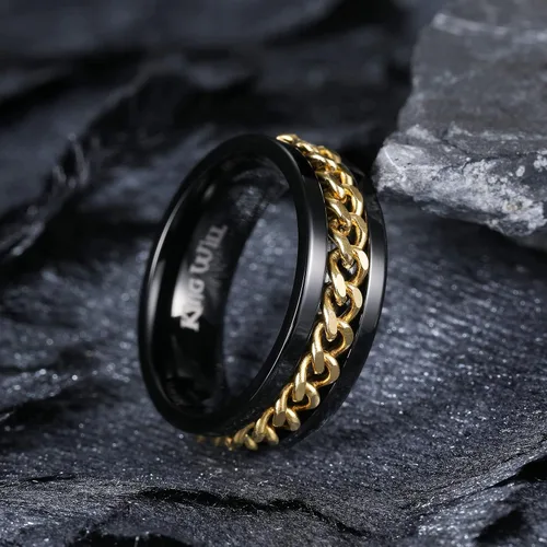 Miniatura 132 de King Will - Anillo antiestrés de acero inoxidable 316L para hombres y mujeres, con cadena decorativa giratoria, 8 mm de ancho, anillo de boda