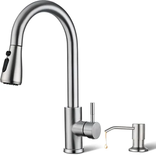 Miniatura 12 de Hiqufet Grifo de fregadero de cocina con rociador desplegable con placa de cubierta, grifo de arco alto de níquel cepillado, grifos modernos