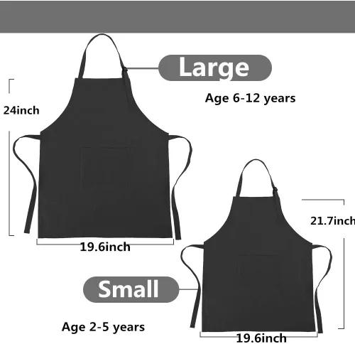 Miniatura 3 de Juego de delantal y gorro de chef para niños, delantales ajustables de algodón con bolsillo grande, delantales negros para niñas y niños, delantales