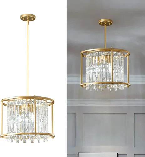 Miniatura 31 de LMQNINE Candelabro Moderno para Vestíbulo, Candelabro de Cristal Dorado Lámpara Colgante de Entrada, Candelabros Redondos de Altura Ajustable