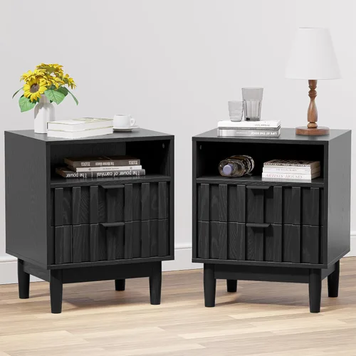 Miniatura 14 de Mesita de noche con 2 cajones de almacenamiento, mesa auxiliar moderna para dormitorio con asa recortada, mesitas de noche grandes para dormitorio