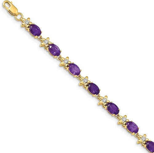 Pulsera de oro amarillo macizo de 14 quilates, con diamantes florales, amatista, color morado y morado de febrero, con cierre seguro de langosta de