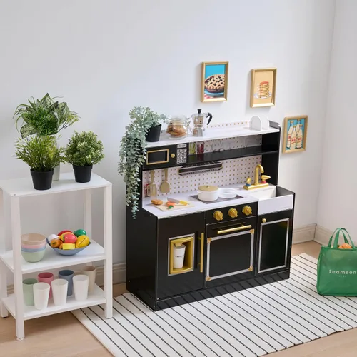 Miniatura 10 de Teamson Kids Juego de cocina de madera para niños pequeños con accesorios, juego de cocina simulada para niños de 3 años en adelante, juego de Negro