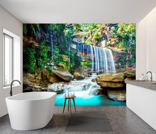 Miniatura 3 de Papel tapiz de tela con paisaje de cascada de lago verde, sala de estar, bosque, montaña, dormitorio, baño, mural de pared - 91 x 65 pulgadas