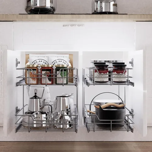 Miniatura 5 de Organizador de armario extraíble de 2 niveles de 15 pulgadas de ancho x 22 pulgadas de profundidad, cajones deslizantes para armarios de cocina, 2