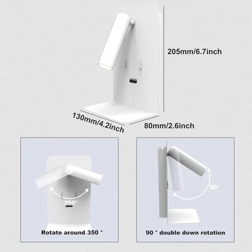 Miniatura 6 de ZEROUNO Lámpara de pared para dormitorio, luz de lectura montada en la pared, apliques de cabecera LED con interruptor Puerto USB Lámparas de Blanco