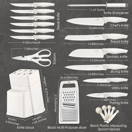 Miniatura 2 de HaWare Juego de cuchillos de cocina de acero inoxidable de 21 piezas, juego de cuchillos de chef blancos con cuchara medidora y rebanadora