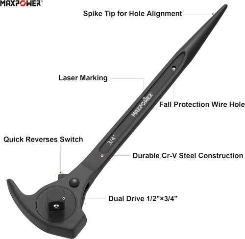 Miniatura 3 de MAXPOWER Llave de trinquete de andamio de accionamiento de 1/2" y 3/4", llave de podger con martillo de garra, palanca de palanca, barra de palanca